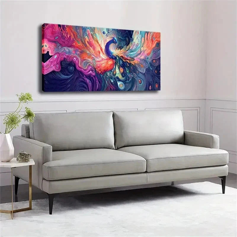 Modern Peacock Feather Vibrant Wall Art Canvas Office Home Room Framed 120x60cm