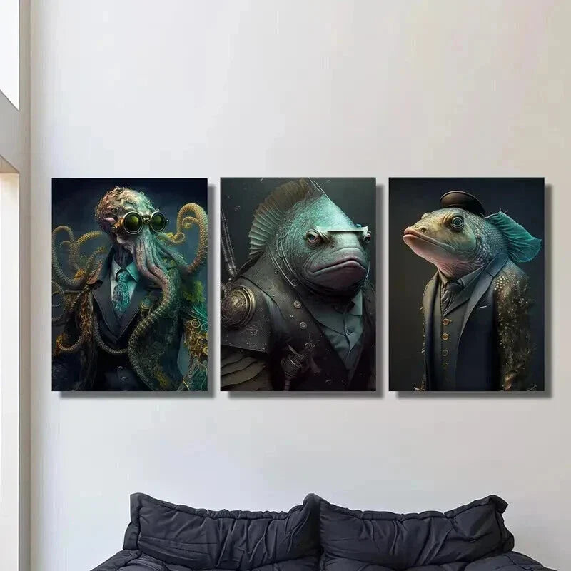 3pcs Steampunk Octopus & Fish Warrior Wall Art Set Canvas Framed 40x60cm - High Quality Print 100% Australian Made Wall Canvas Ready to Hang