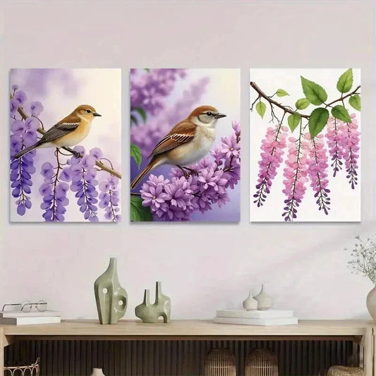 3pcs Beautiful Bird and Flower Purple Floral Wall Art Set Canvas Framed 40x60cm - High Quality Print 100% Australian Made Wall Canvas Ready to Hang