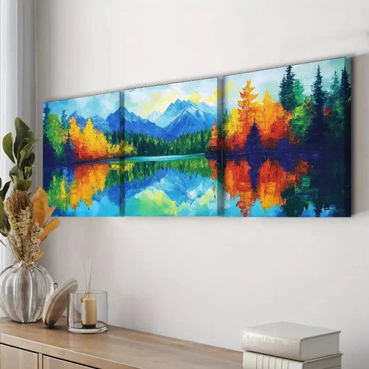 3pcs Reflections of Trees & Lakes Perfect Wall Art Set Canvas Framed 40x60cm - High Quality Print 100% Australian Made Wall Canvas Ready to Hang