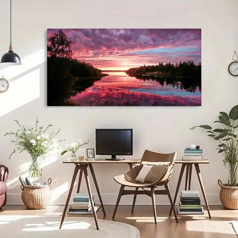 Serene Lake Reflection Purple Wall Art Canvas Office Home Room Framed 120x60cm