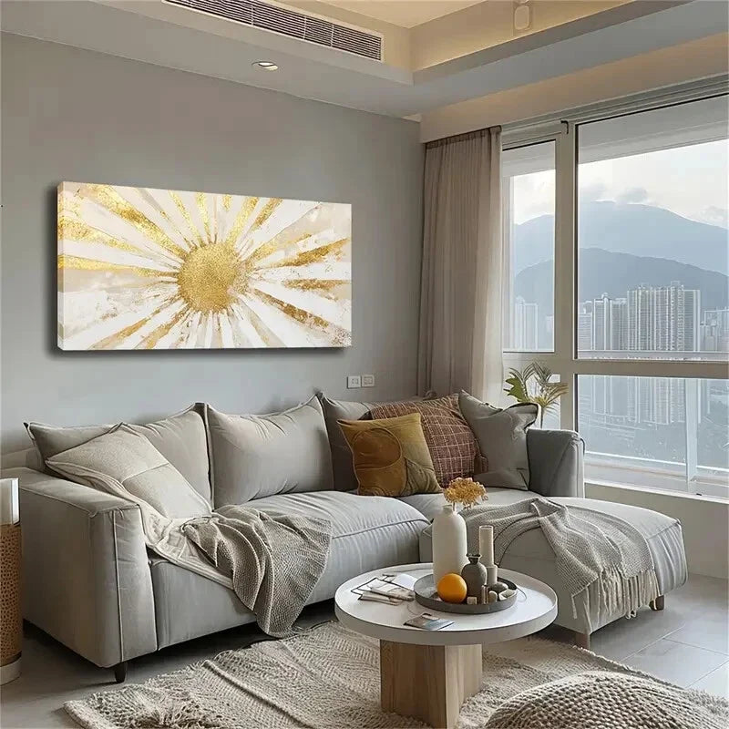 Golden Circular Center Stripes Wall Art Canvas Office Home Room Framed 120x60cm