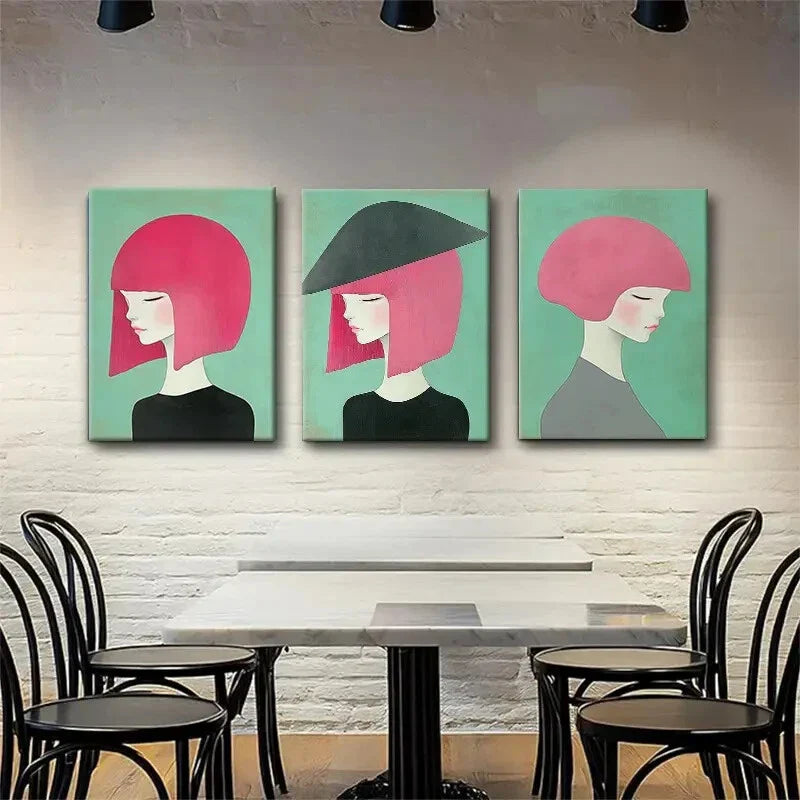 3pcs Pink-Haired Women Abstract Perfect Wall Art Set Canvas Framed 40x60cm - High Quality Print 100% Australian Made Wall Canvas Ready to Hang