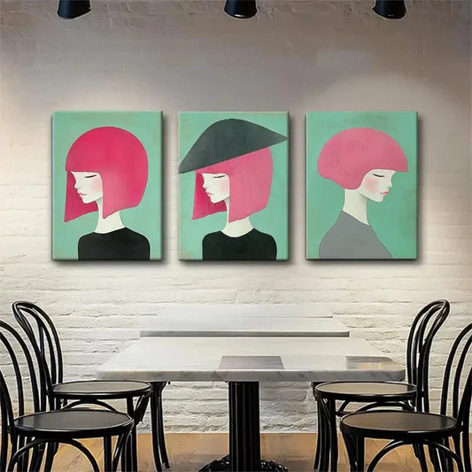 3pcs Pink-Haired Women Abstract Perfect Wall Art Set Canvas Framed 40x60cm - High Quality Print 100% Australian Made Wall Canvas Ready to Hang