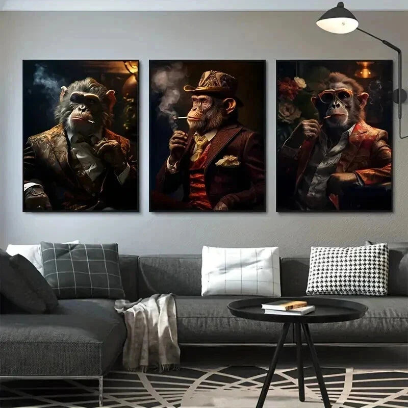 3pcs Stylish Monkeys in Sophisticated Attire Wall Art Set Canvas Framed 40x60cm - High Quality Print 100% Australian Made Wall Canvas Ready to Hang