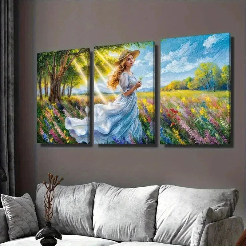 3pcs Elegant Woman in Nature Wildflowers Tree Wall Art Set Canvas Framed 40x60cm - High Quality Print 100% Australian Made Wall Canvas Ready to Hang