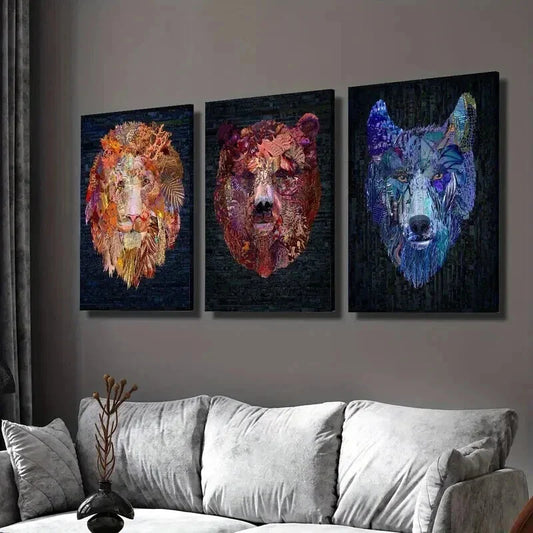 3pcs Vibrant Retro Lion Bear & Wolf Head Wall Art Set Canvas Framed 40x60cm - High Quality Print 100% Australian Made Wall Canvas Ready to Hang