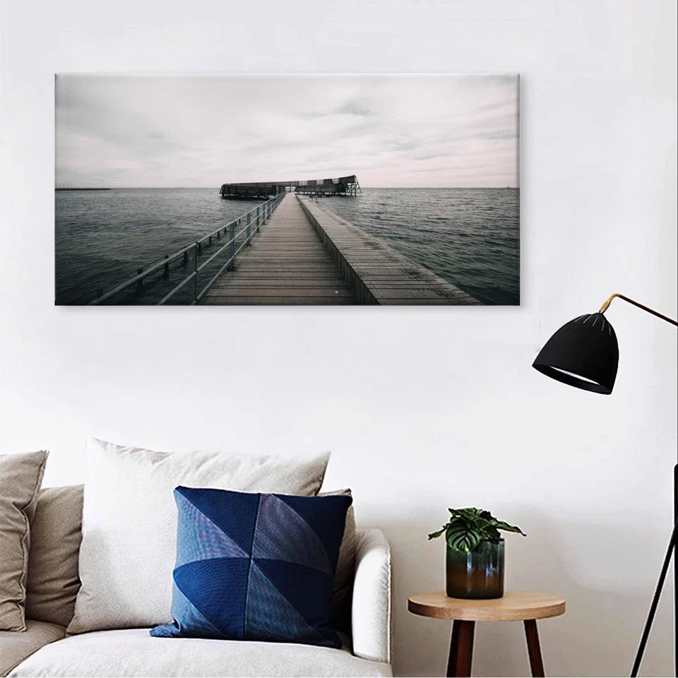 Wooden Pier Over Ocean Neutral Muted Wall Art Canvas Office Home Framed 120x60cm