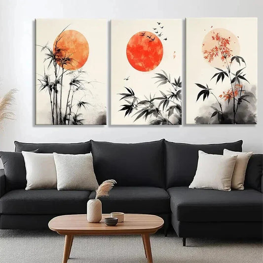 3pcs Bamboo and Red Sun Minimalist Perfect Wall Art Set Canvas Framed 40x60cm - High Quality Print 100% Australian Made Wall Canvas Ready to Hang