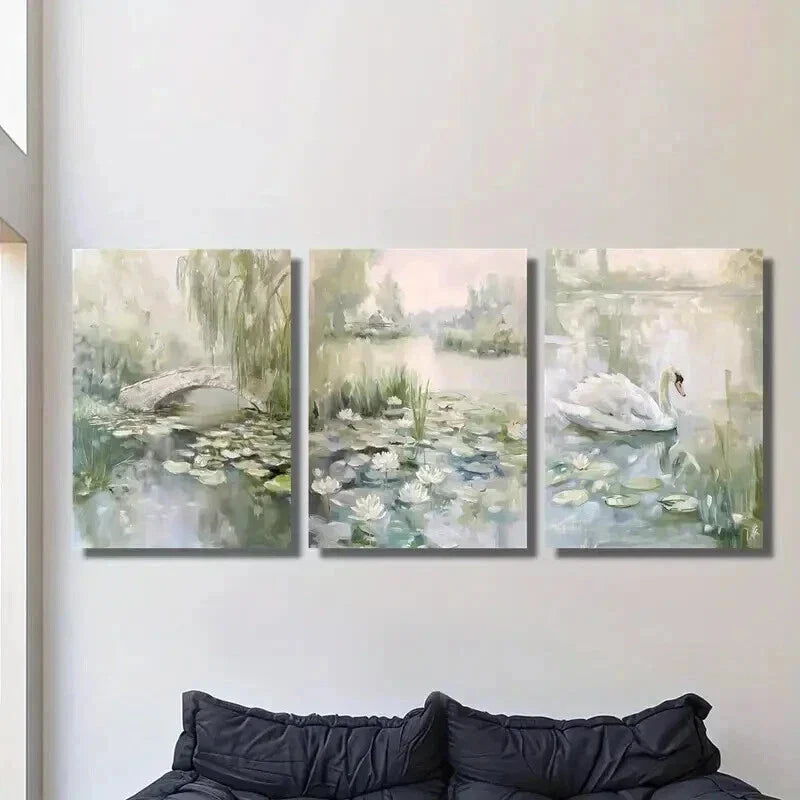 3pcs Pond with Water Lilies Swans And Ducks Wall Art Set Canvas Framed 40x60cm - High Quality Print 100% Australian Made Wall Canvas Ready to Hang