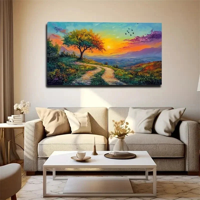 Vibrant Hill Path & Rising Sun Wall Art Canvas Office Home Room Framed 120x60cm
