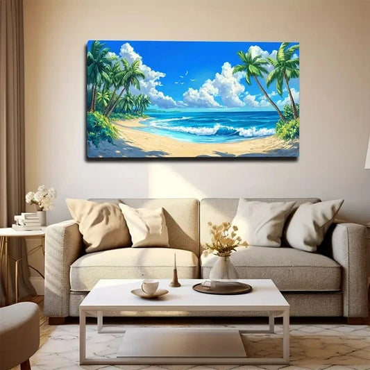 Tropical Beach Scene with Palm Wall Art canvas office home room framed 120x60cm