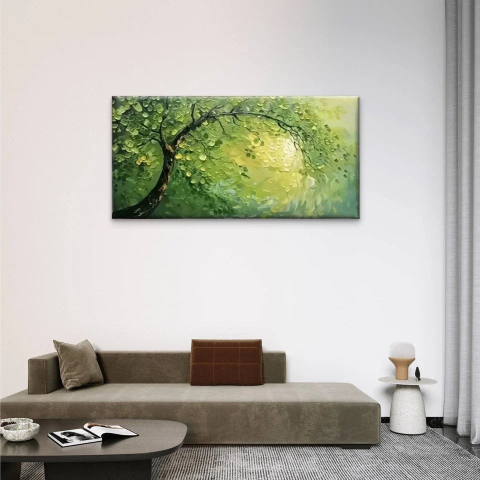 Green Leafy Tree Abstract Wall Art Canvas Office Home Room Framed 80x45cm.