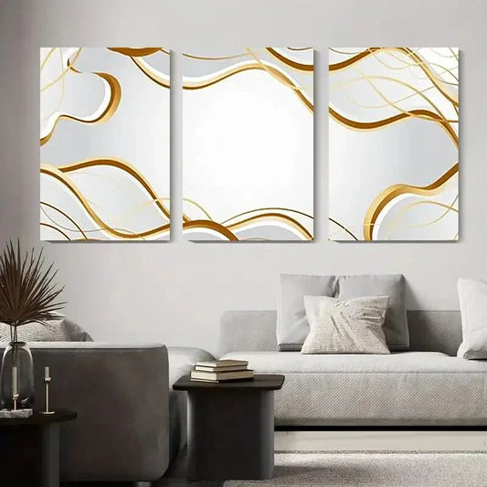 3pcs Modern Minimalist Abstract Golden and White Metal Print Ready to Hang Art