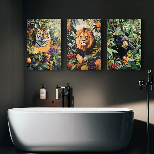 3pcs Vibrant Jungle Lion Tiger Bear Wildlife Metal Print Ready to Hang Art