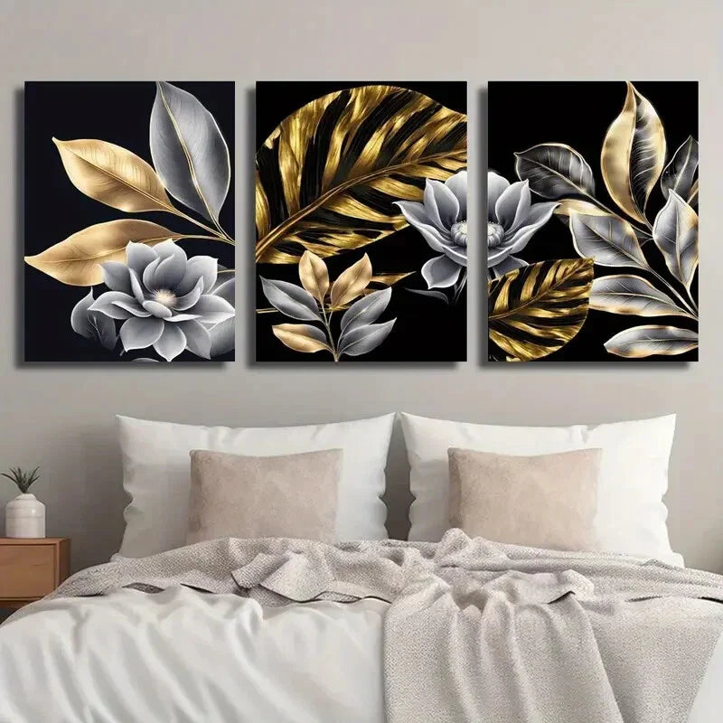 3pcs Golden Plant Leaves Floral Wall Art Set Canvas Framed 40x60cm - High Quality Print 100% Australian Made Wall Canvas Ready to Hang