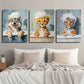 3pcs Cute Wolf Cheetah Tiger in Bubble Bath Wall Art Set Canvas Framed 40x60cm - High Quality Print 100% Australian Made Wall Canvas Ready to Hang