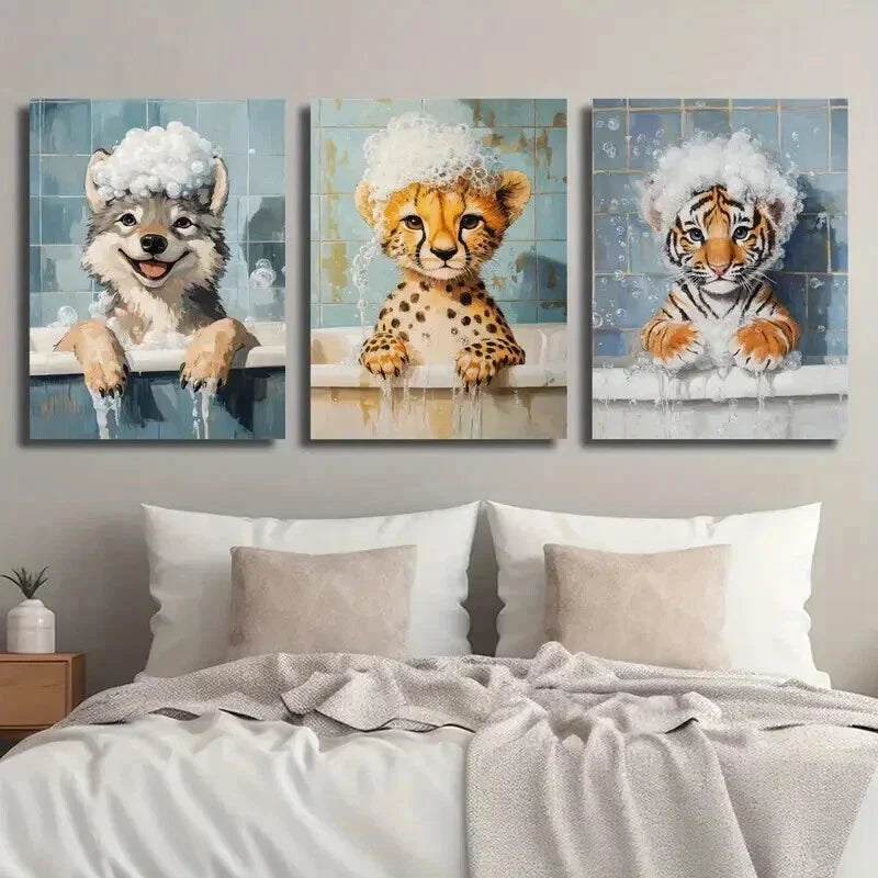 3pcs Cute Wolf Cheetah Tiger in Bubble Bath Wall Art Set Canvas Framed 40x60cm - High Quality Print 100% Australian Made Wall Canvas Ready to Hang