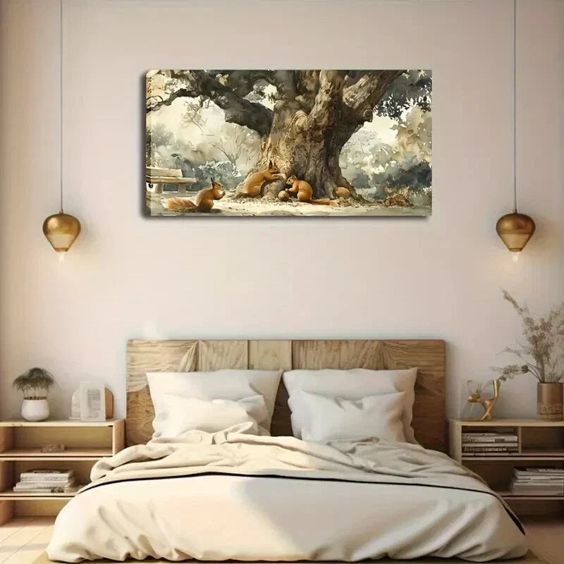 Squirrel Family Under Tree Wall Art Canvas Office Home Room Framed 120x60cm