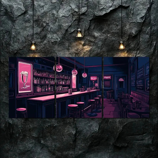3pcs Colorful Bar Drink Dark Pink Night Perfect Wall Art Set Canvas Framed 40x60cm - High Quality Print 100% Australian Made Wall Canvas Ready to Hang