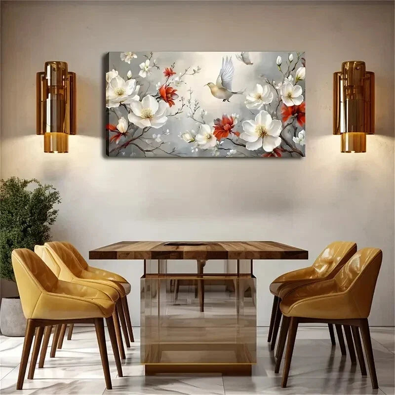White Magnolia And Red Flowers Wall Art Canvas Office Home Room Framed 80x45cm
