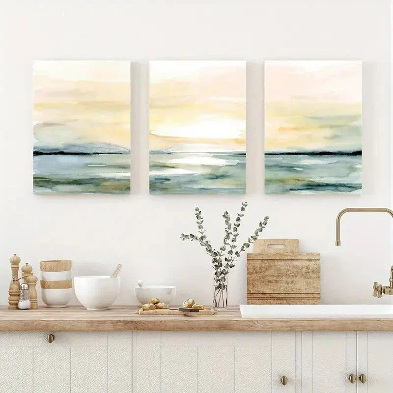 3pcs Sunrise Sunset Beach Ocean Abstract Wall Art Set Canvas Framed 40x60cm - High Quality Print 100% Australian Made Wall Canvas Ready to Hang