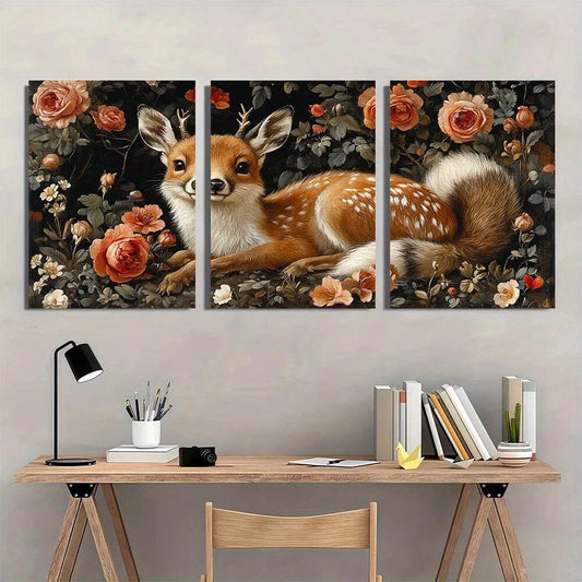 3pcs Deer Retro Floral and Animal Patterns Metal Print Ready to Hang Art