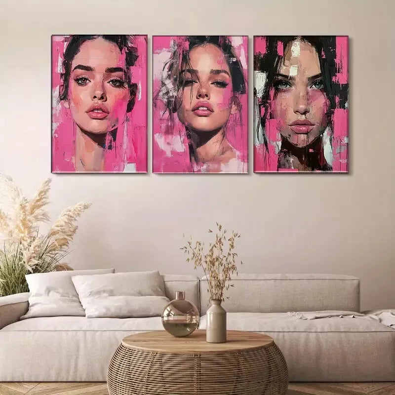 3pcs Pink Pop Art Female Portrait Triptych Wall Art Set Canvas Framed 40x60cm - High Quality Print 100% Australian Made Wall Canvas Ready to Hang