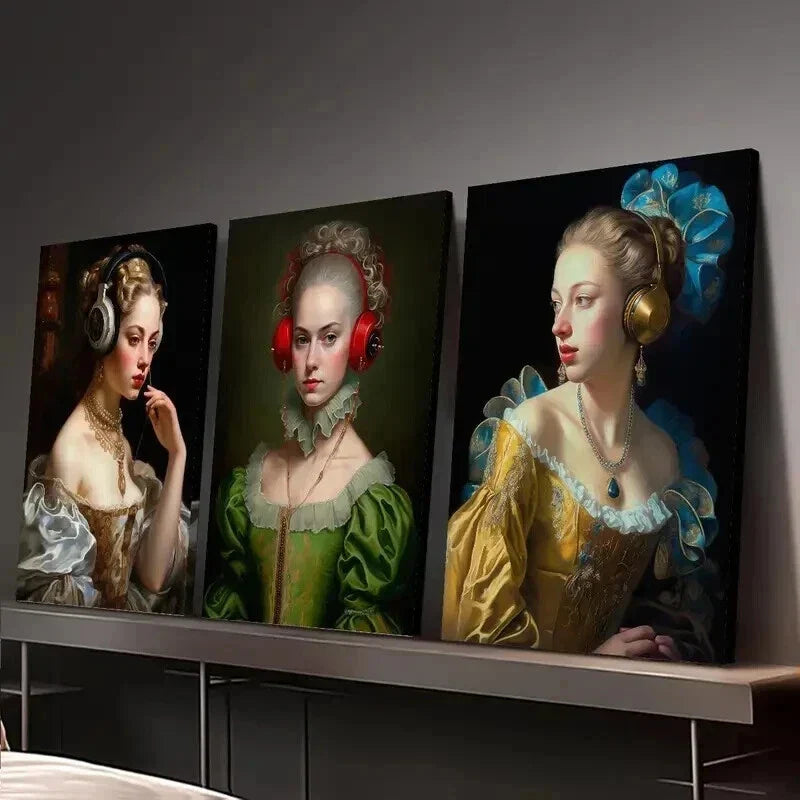 3pcs Eclectic Female Portraits with Headphones Wall Art Set Canvas Framed 40x60cm - High Quality Print 100% Australian Made Wall Canvas Ready to Hang
