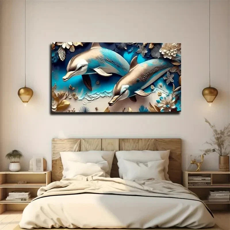 A Pair Of Dolphins Wall Art Canvas Office Home Room Framed 80x45cm