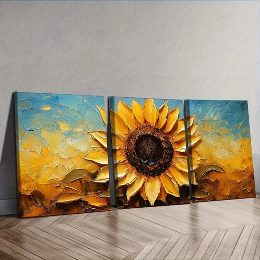 3pcs  Sunflower Canvas In Yellow Background Wall Art Set Canvas Framed 40x60cm - High Quality Print 100% Australian Made Wall Canvas Ready to Hang