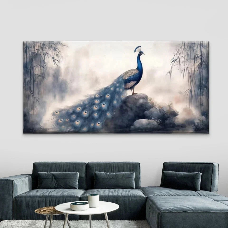 Elegant Blue Peacock Wall Art Canvas Office Home Room Framed 120x60cm