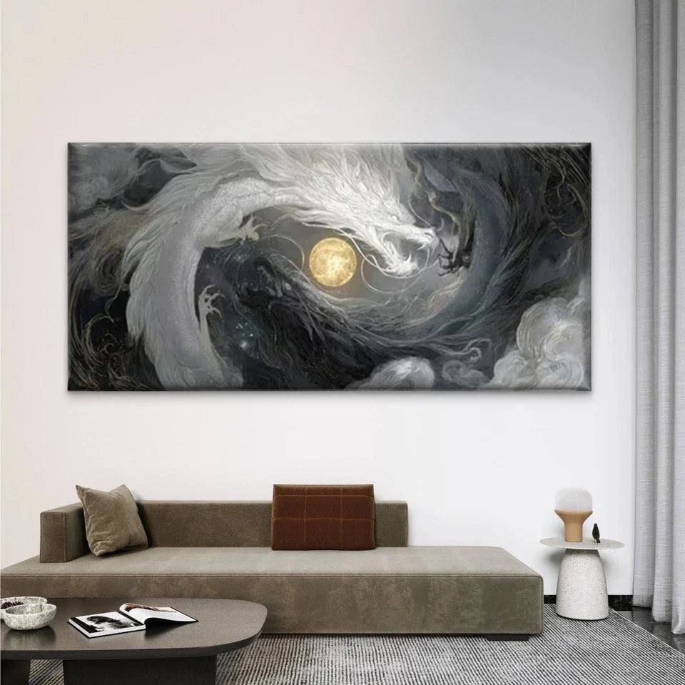 Dragon & Cloud Patterns Wall Art Canvas Office Home Room Framed 80x45cm