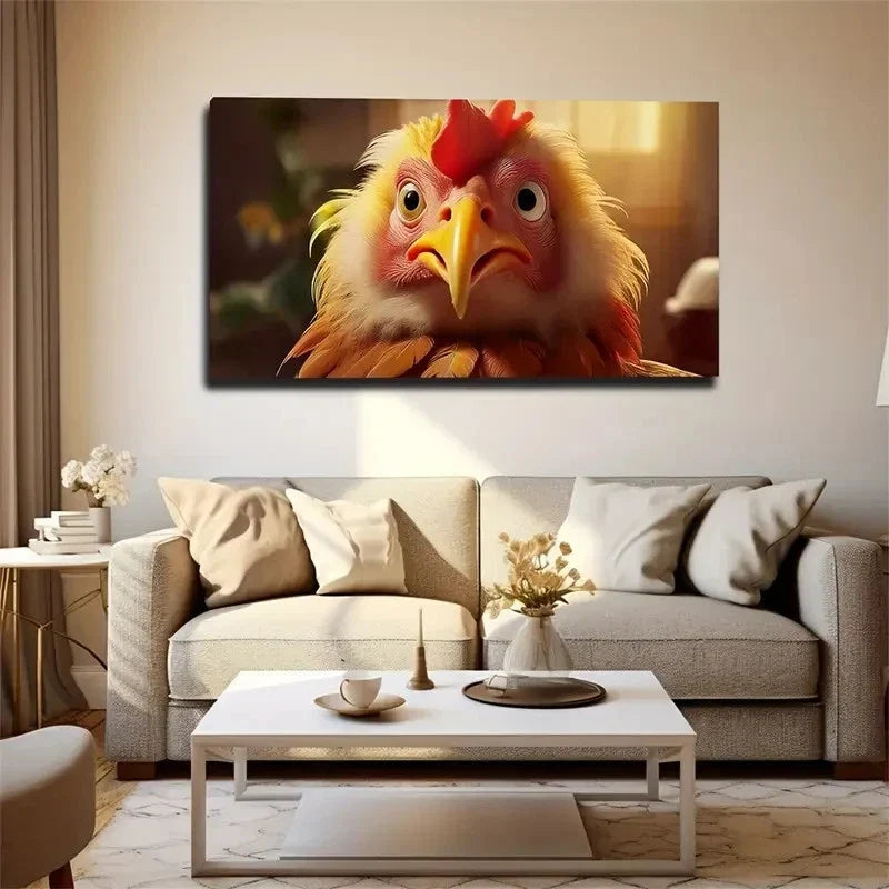 Vibrant Whimsical Rooster Wall Art Canvas Office Home Room Framed 80x45cm