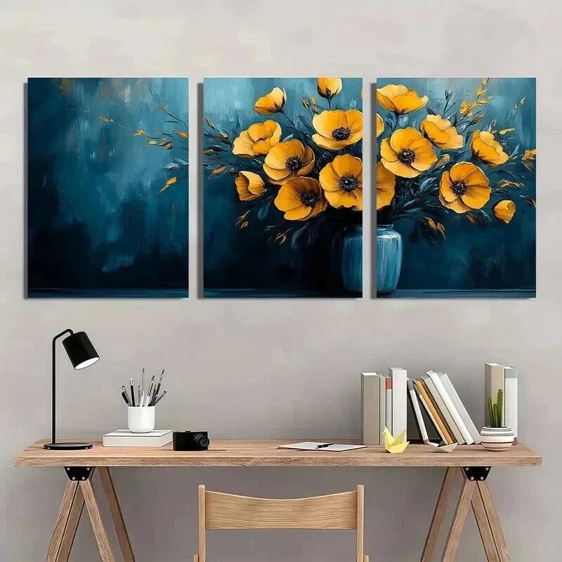 3pcs Abstract Vibrant Blue & Yellow Floral Wall Art Set Canvas Framed 40x60cm - High Quality Print 100% Australian Made Wall Canvas Ready to Hang