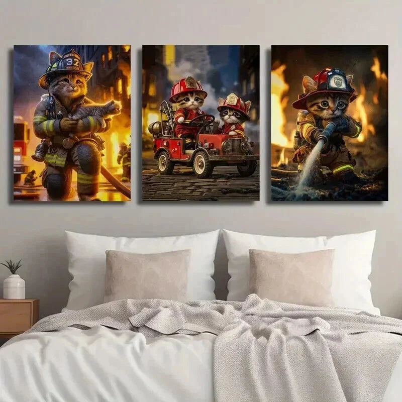 3pcs Adorable Firefighter Cats in Action Wall Art Set Canvas Framed 40x60cm - High Quality Print 100% Australian Made Wall Canvas Ready to Hang