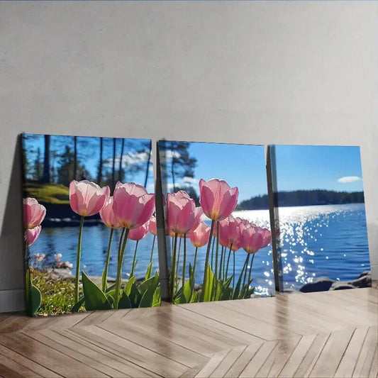 3pcs Chic Pink Tulip Pink Nature Blue Wall Art Set Canvas Framed 40x60cm - High Quality Print 100% Australian Made Wall Canvas Ready to Hang