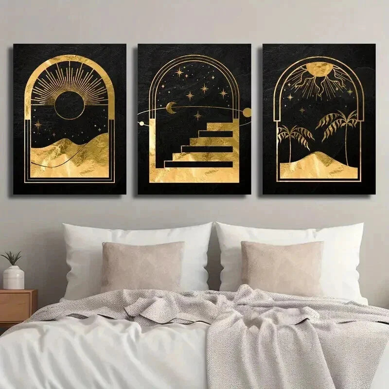 3pcs Abstract Mystical Golden Moon & Sun Wall Art Set Canvas Framed 40x60cm - High Quality Print 100% Australian Made Wall Canvas Ready to Hang