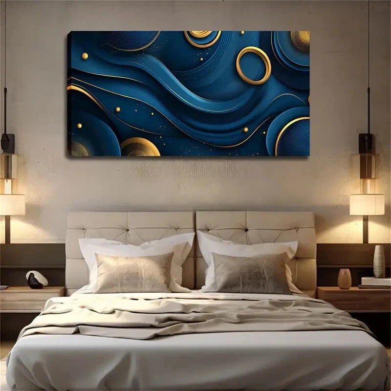 Dark Blue Golden Lines Elements Wall Art Canvas Office Home Room Framed 120x60cm