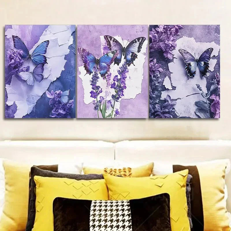 3pcs Set, Butterfly and Floral Metal Print Ready to Hang Art