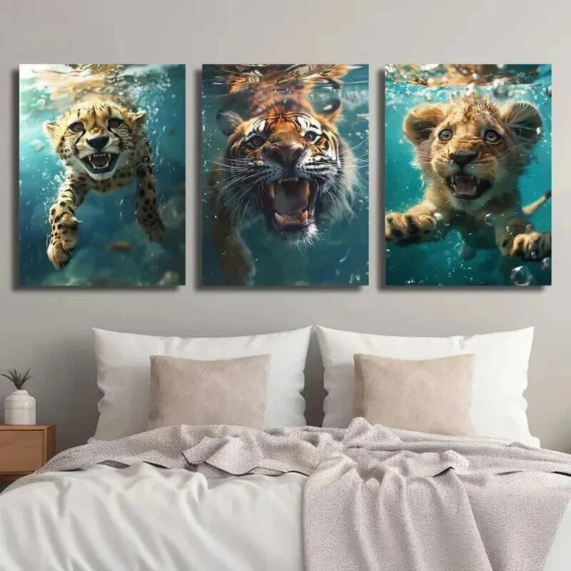 3pcs Cheetah Tiger Lion Swimming Wall Art Set Canvas Framed 40x60cm - High Quality Print 100% Australian Made Wall Canvas Ready to Hang