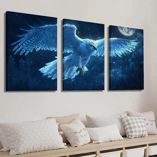 3pcs Majestic Snowy Owl in Moonlight Wall Art Set Canvas Framed 40x60cm - High Quality Print 100% Australian Made Wall Canvas Ready to Hang