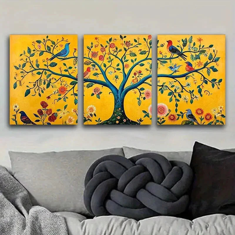 3pcs The tree of life with birds and flowers Metal Print Ready to Hang Art