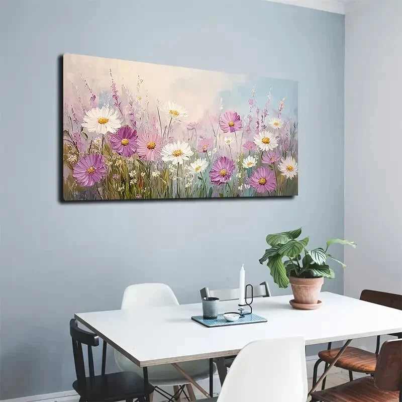 Vibrant Floral Scene with White Wall Art Canvas Office Home Room Framed 120x60cm