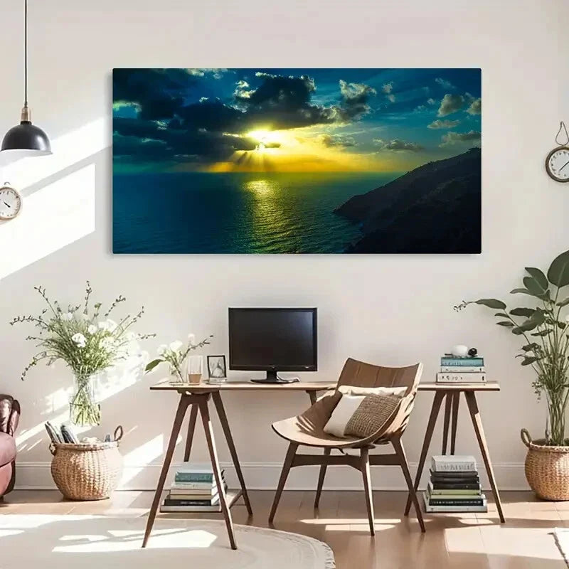 Seaside Sunset Ocean View Wall Art Canvas Office Home Room Framed 80x45cm