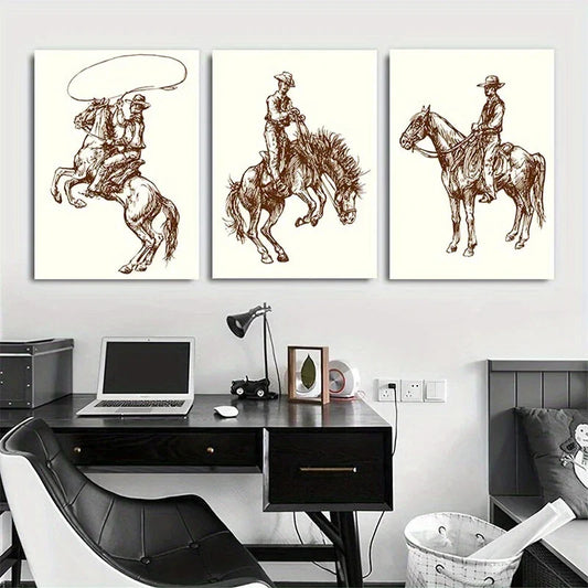 3pcs Faux Denim Texture Horse Riding Metal Print Ready to Hang Art