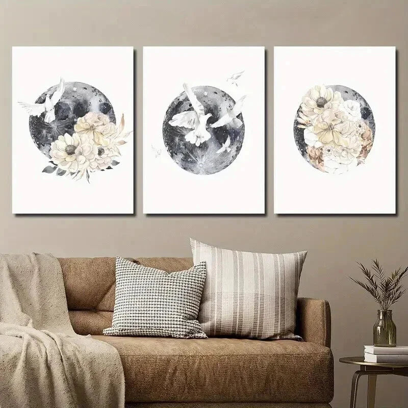 3pcs Moon and Bird Animal Floral Wall Art Set Canvas Framed 40x60cm - High Quality Print 100% Australian Made Wall Canvas Ready to Hang
