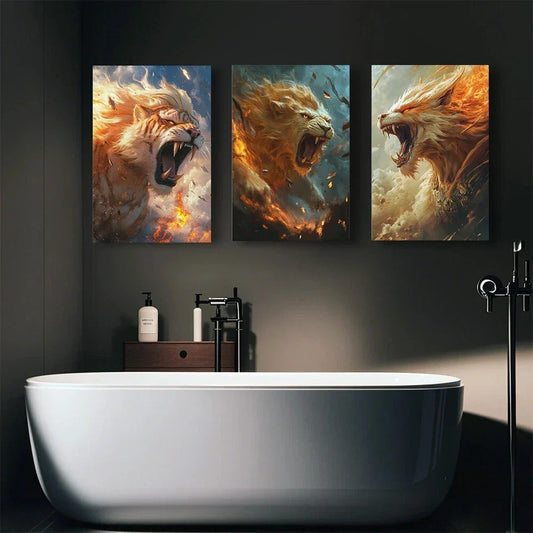 3pcs Abstract Fiery Lions Roar Loudly Metal Print Ready to Hang Art