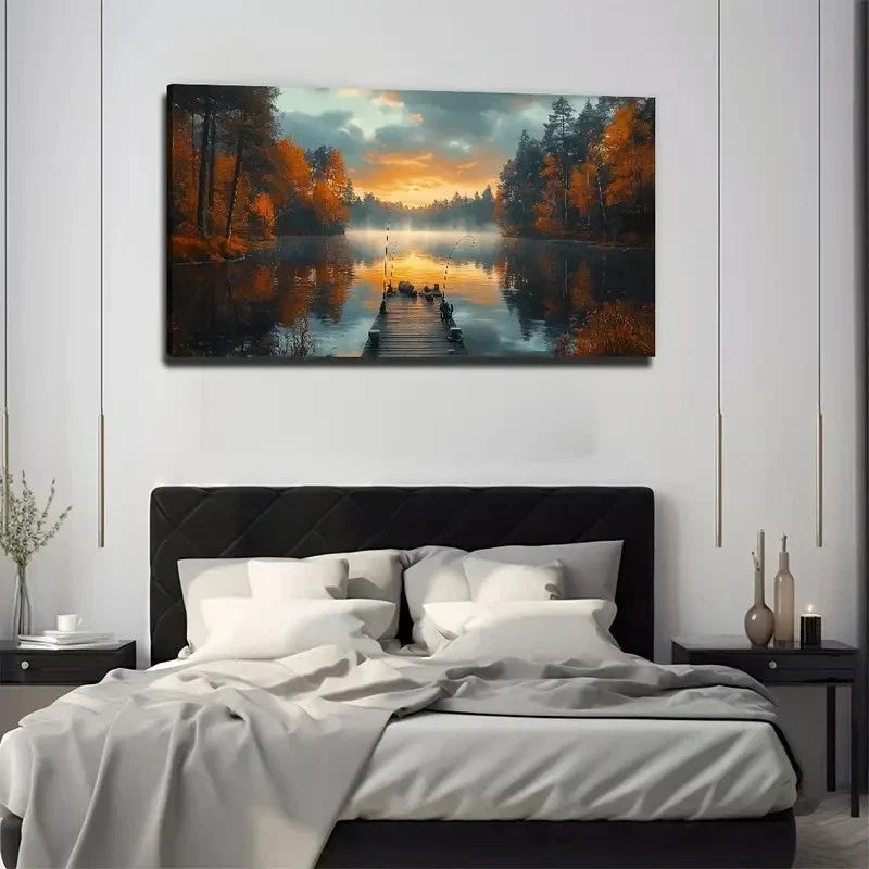 Sunset Dock Landscape Painting Wall Art Canvas Office Home Room Framed 80x45cm