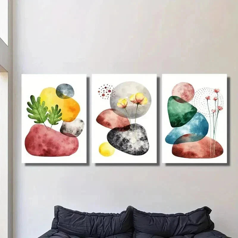 3pcs Colorful Geometric Stones and Flowers Wall Art Set Canvas Framed 40x60cm - High Quality Print 100% Australian Made Wall Canvas Ready to Hang